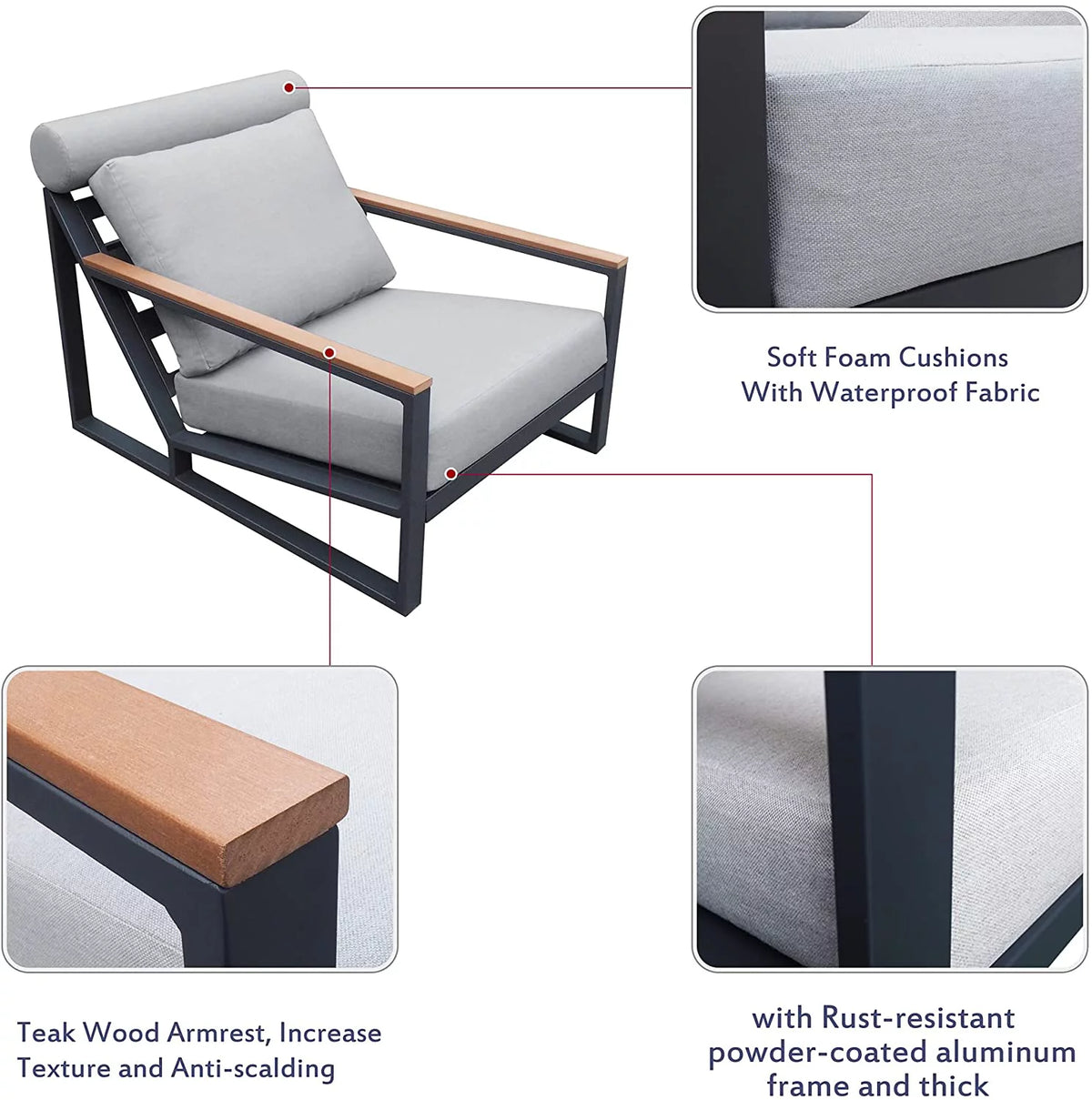 3PCS Gray Outdoor Aluminum Recliner Lounge Chair Set with Ottoman & Side Table V211
