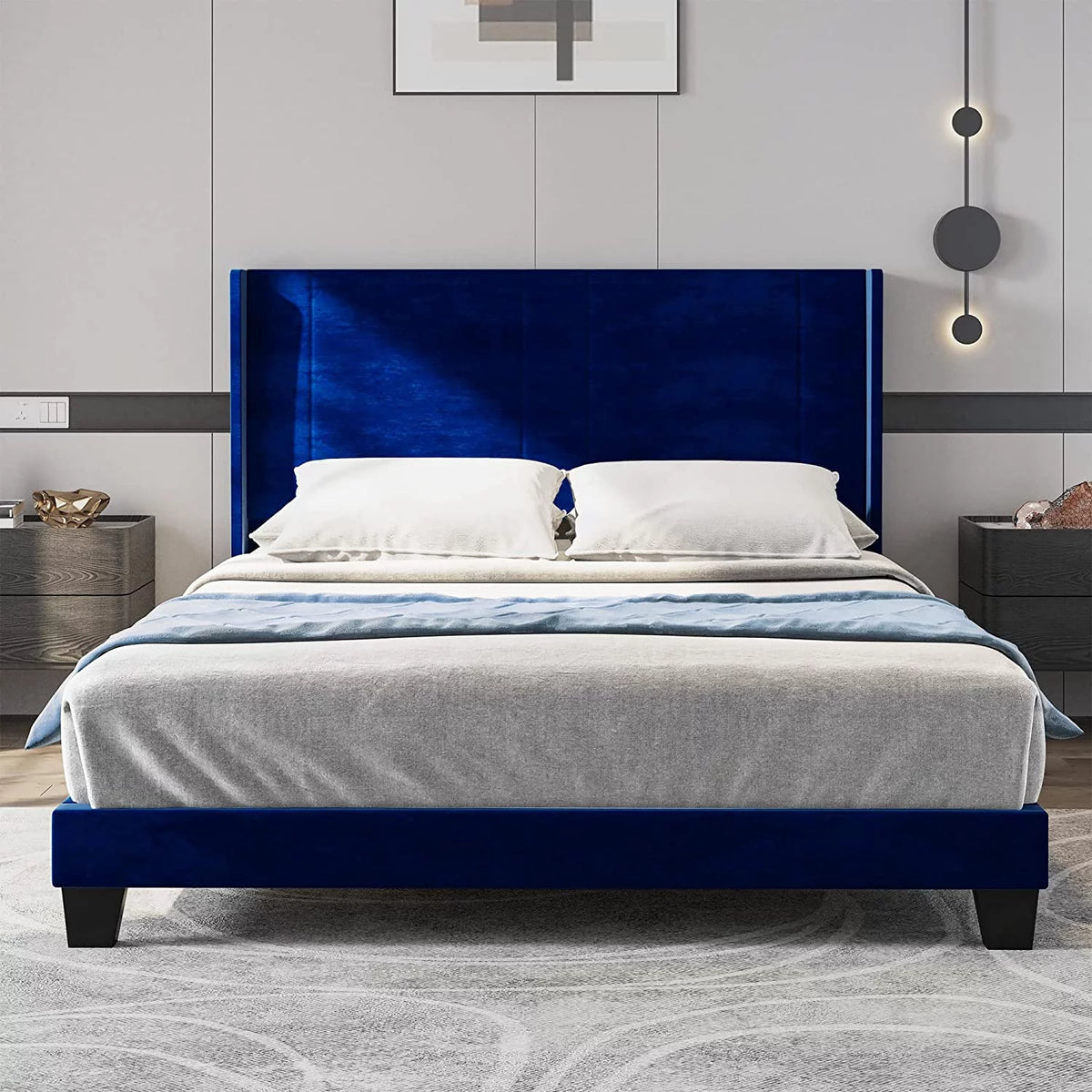 Navy Blue Velvet Upholstered Platform Bed Full G52505