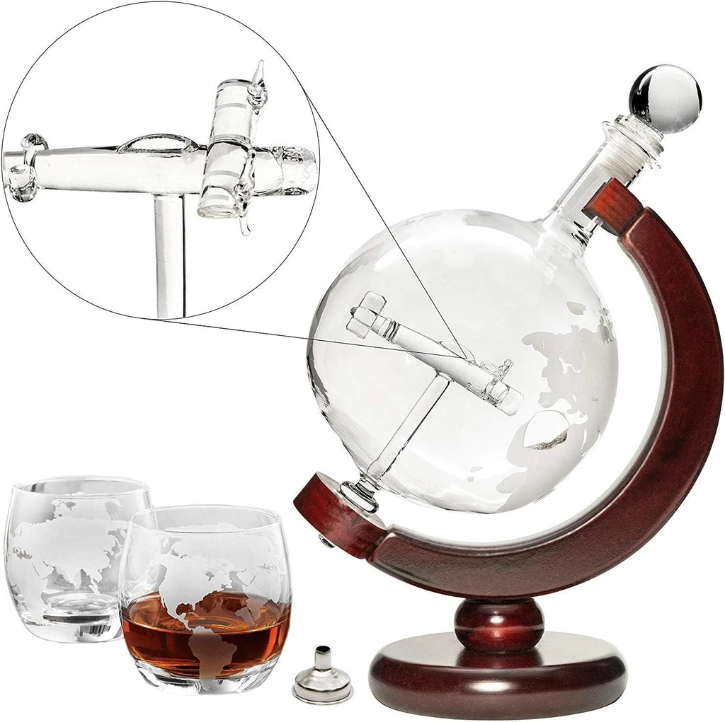 50 Oz Handmade Etched Globe Decanter Set with Wooden Stand and 2 Glasses A58372