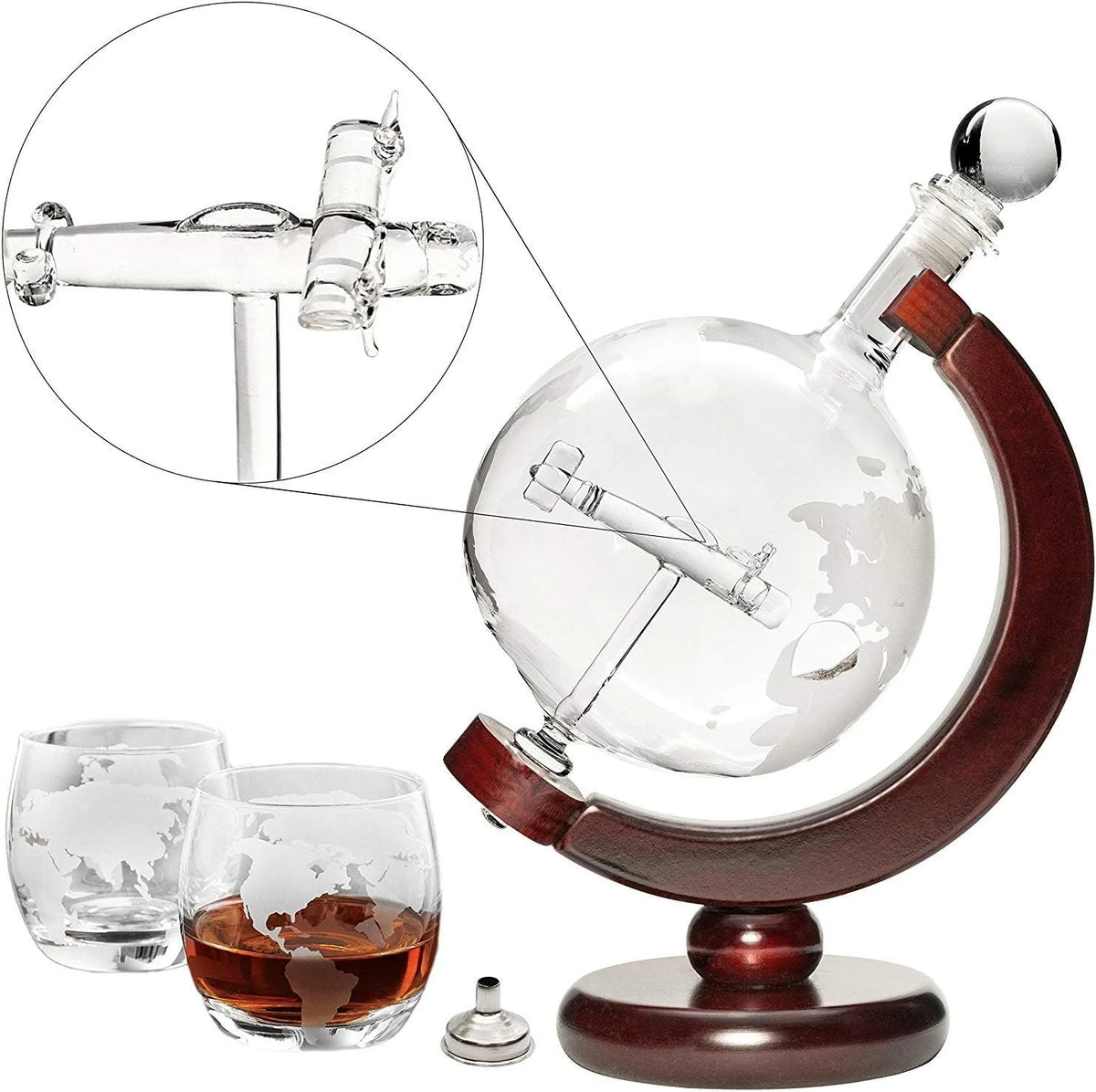 50 Oz Handmade Etched Globe Decanter Set with Wooden Stand and 2 Glasses A58372