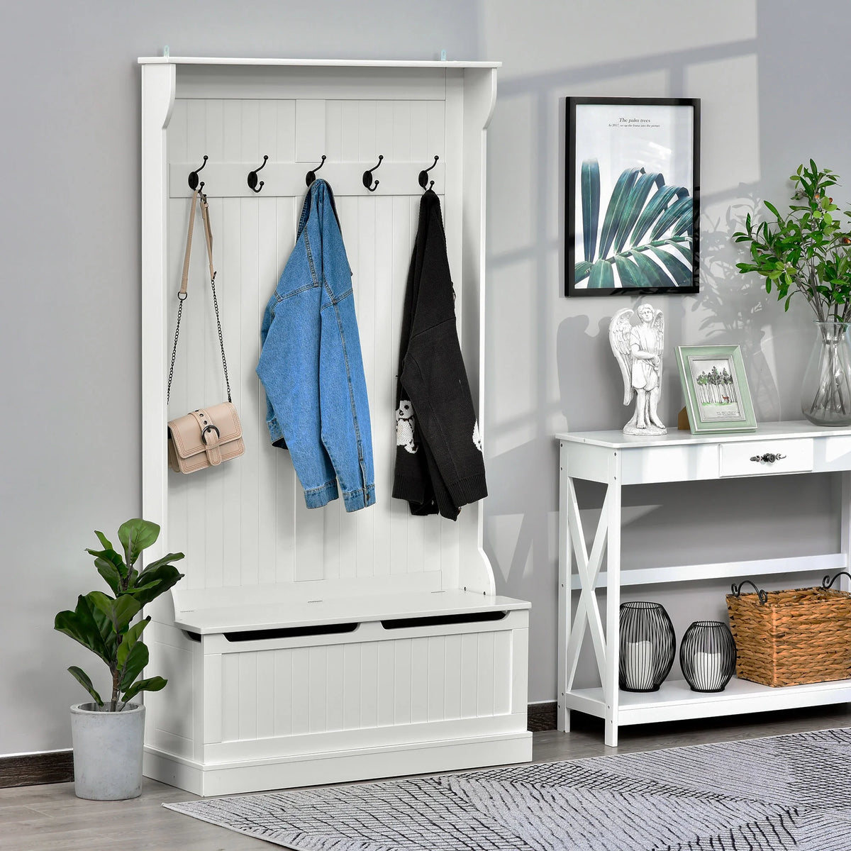 White 3-In-1 Entryway Hall Tree with Storage Bench T4816