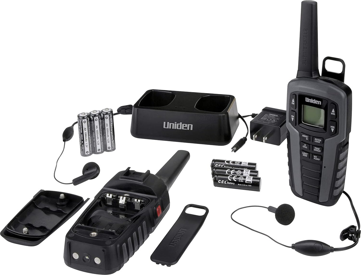 50 Mile Range Waterproof Two-Way Radio Walkie Talkies with Dual Charging Cradle, 22 Channels, 142 Privacy Codes, NOAA Weather Scan + Alert, Includes 2 Headsets Q8494