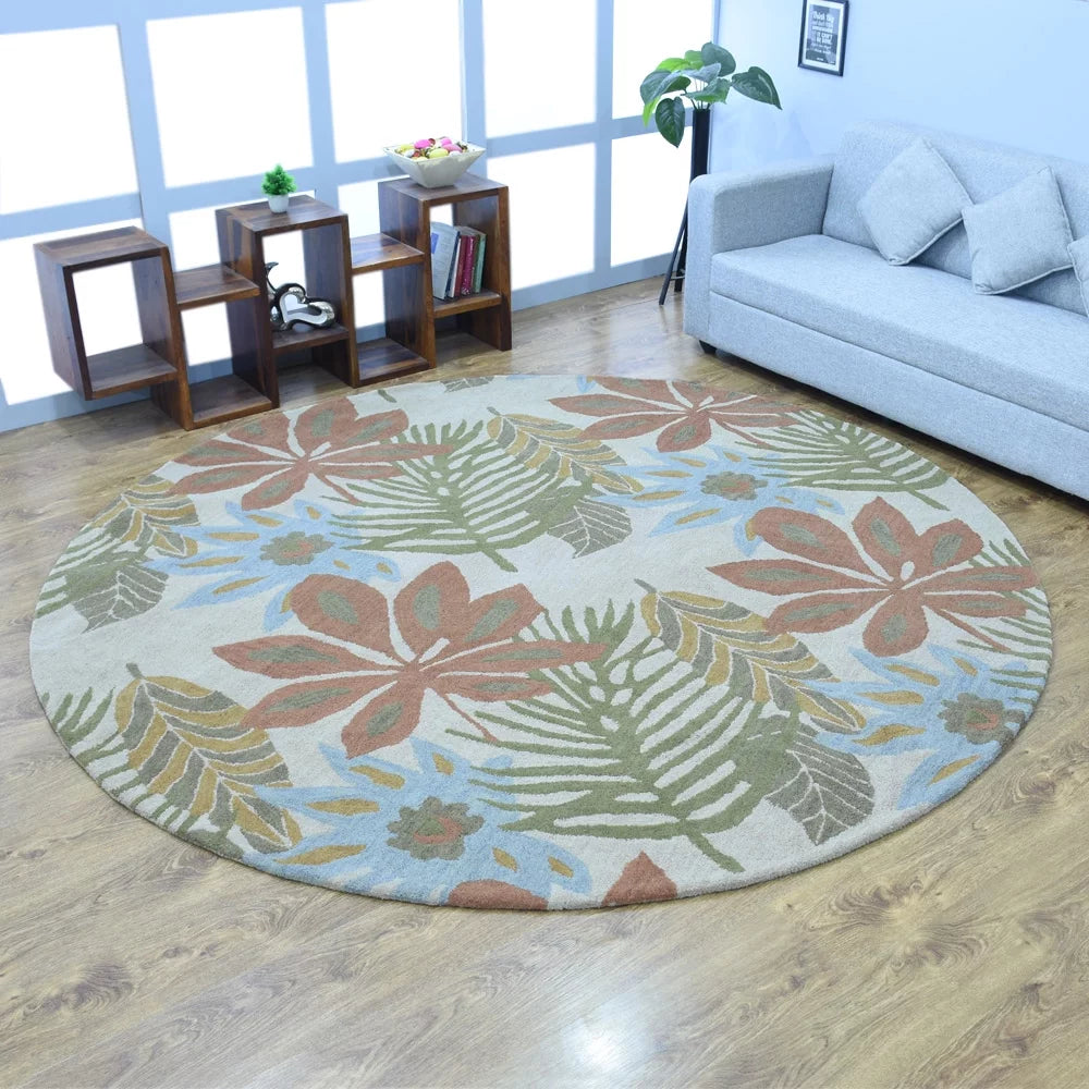 Hand Tufted Floral Wool Round Area Rug Cream 8'x8' X266261