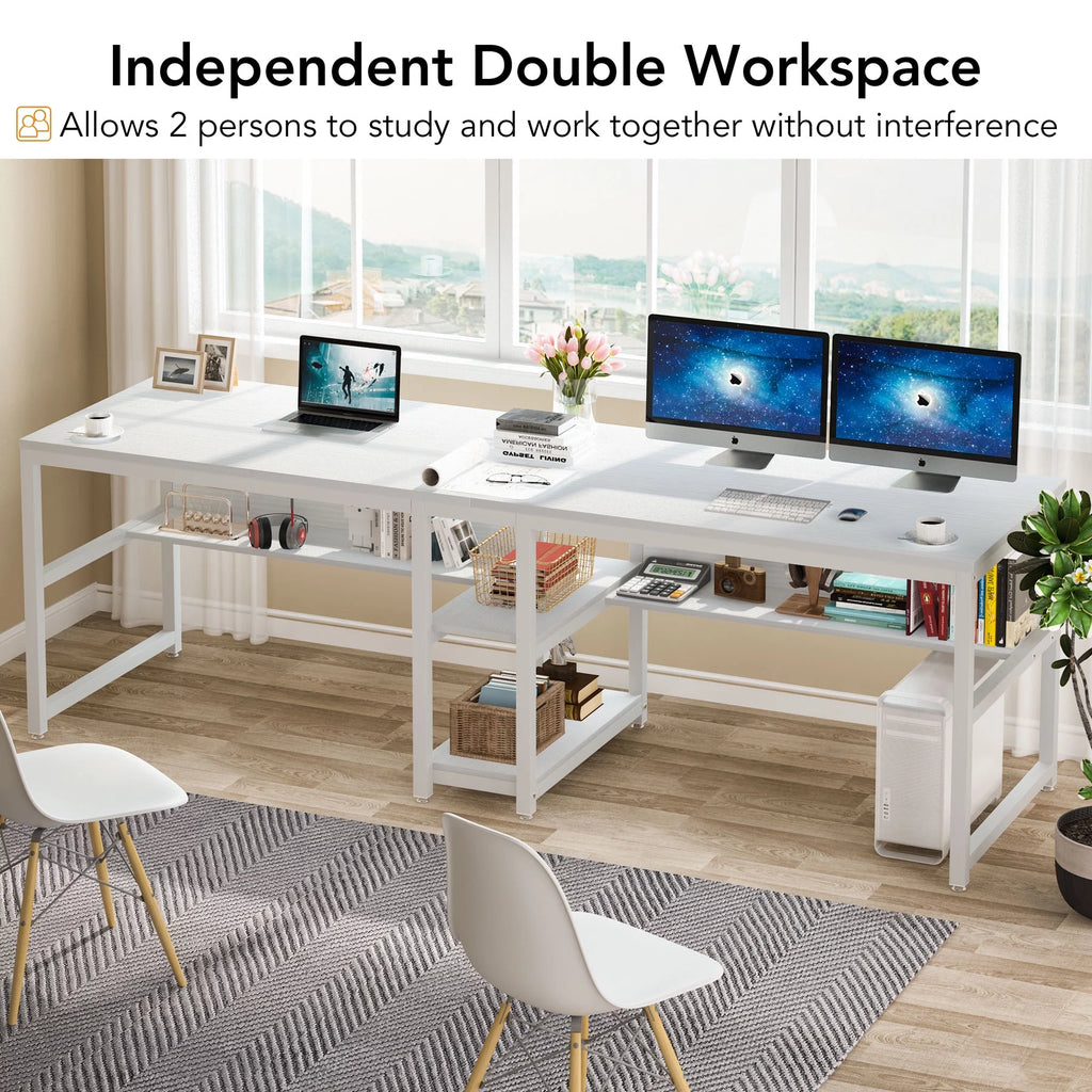 White Two Person Desk with Bookshelf R44960