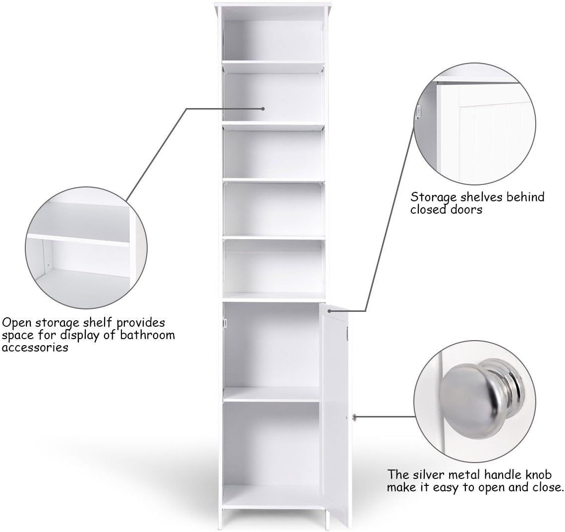 White Tall Bathroom Storage Cabinet with Door and 5 Adjustable Shelves L80097