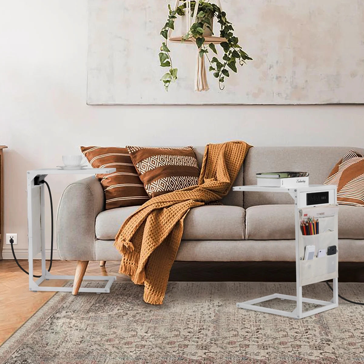 White C Shaped Side Table with Charging Station Y604874