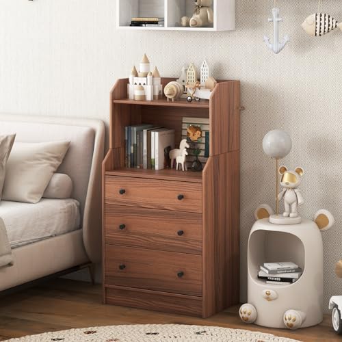 3 Drawers Dresser with Shelves, Tall Nightstand with 2 Open Shelves, Chest of Drawers (Walnut) M498111