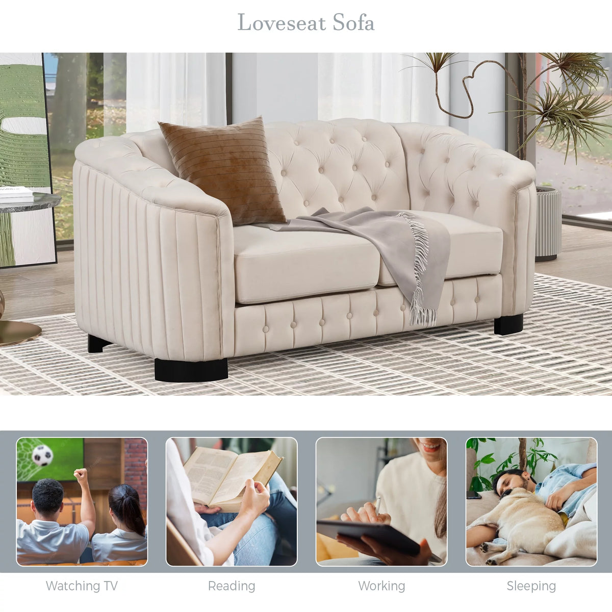 64" Beige Velvet Upholstered Loveseat Sofa B58187