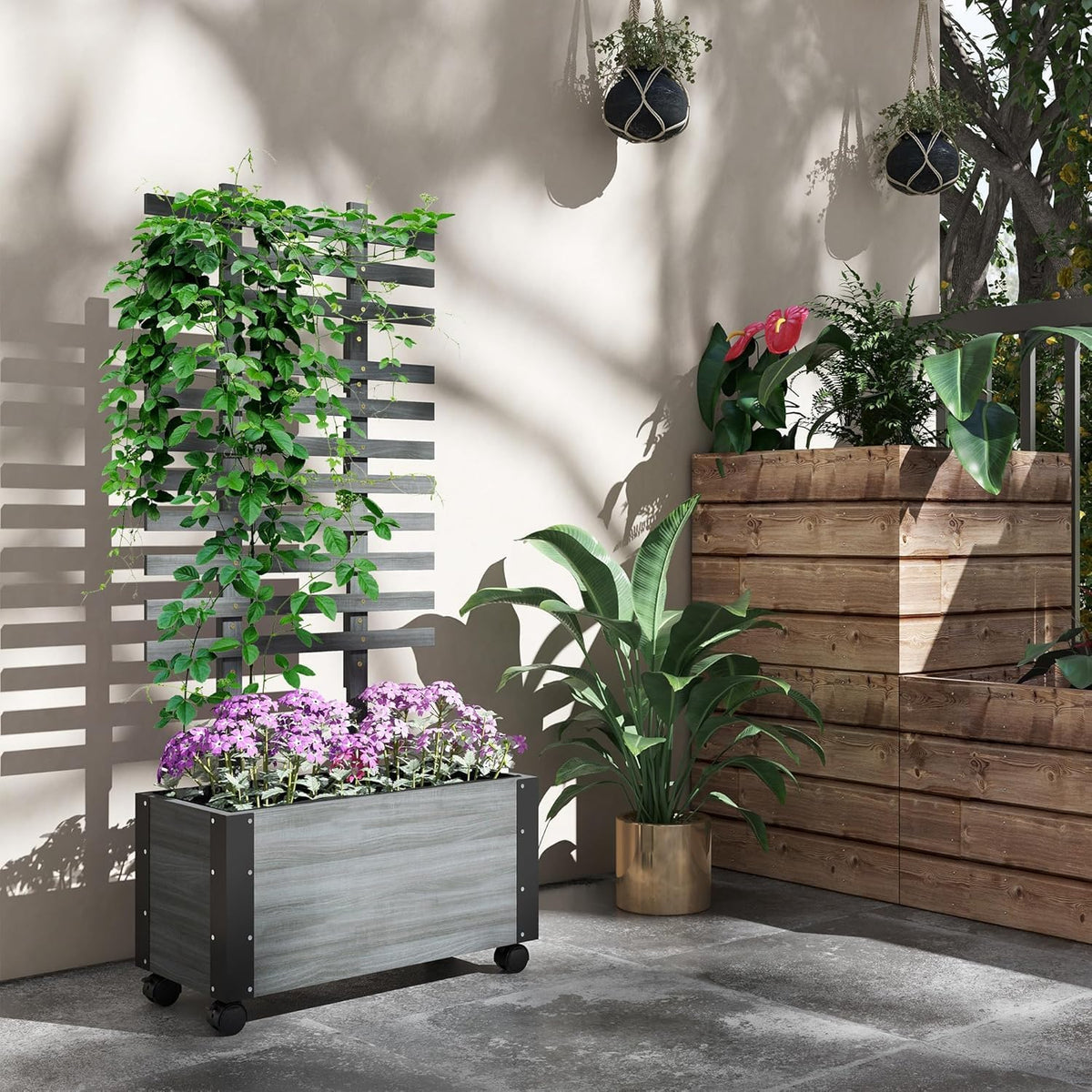 Gray Raised Garden Bed with Trellis Q7588