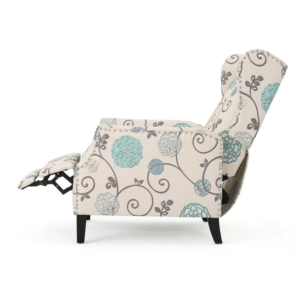 White and Blue Fabric Wing Back Recliner F37784
