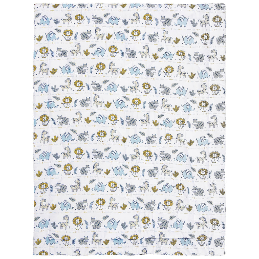 4 Piece Crib Bedding Set, White, Tan, Orange, Blue, Navy and Gray, 100% Microfiber, Polyester Fill, Quilt, Fitted Crib Sheet, Skirt and Plush Toy W120