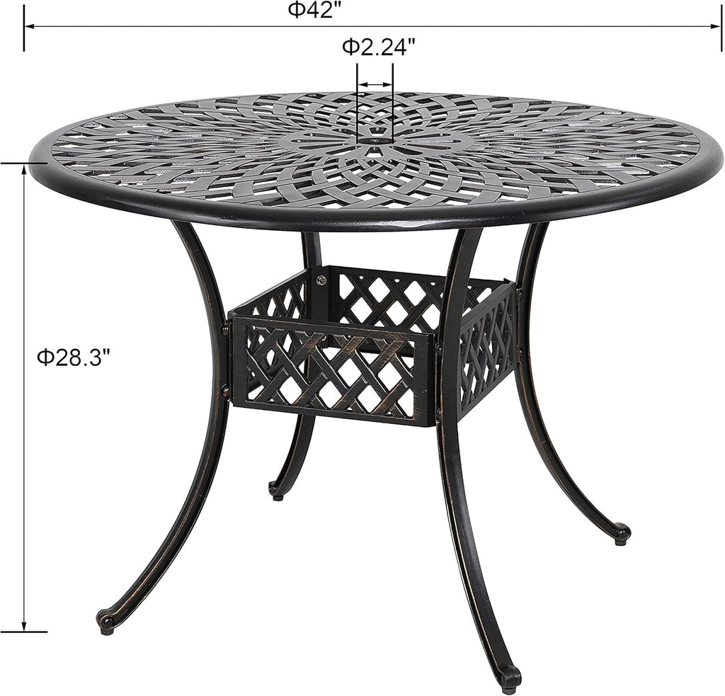 Black 42 Inch Round Cast Aluminum Patio Dining Table with Umbrella Hole R634