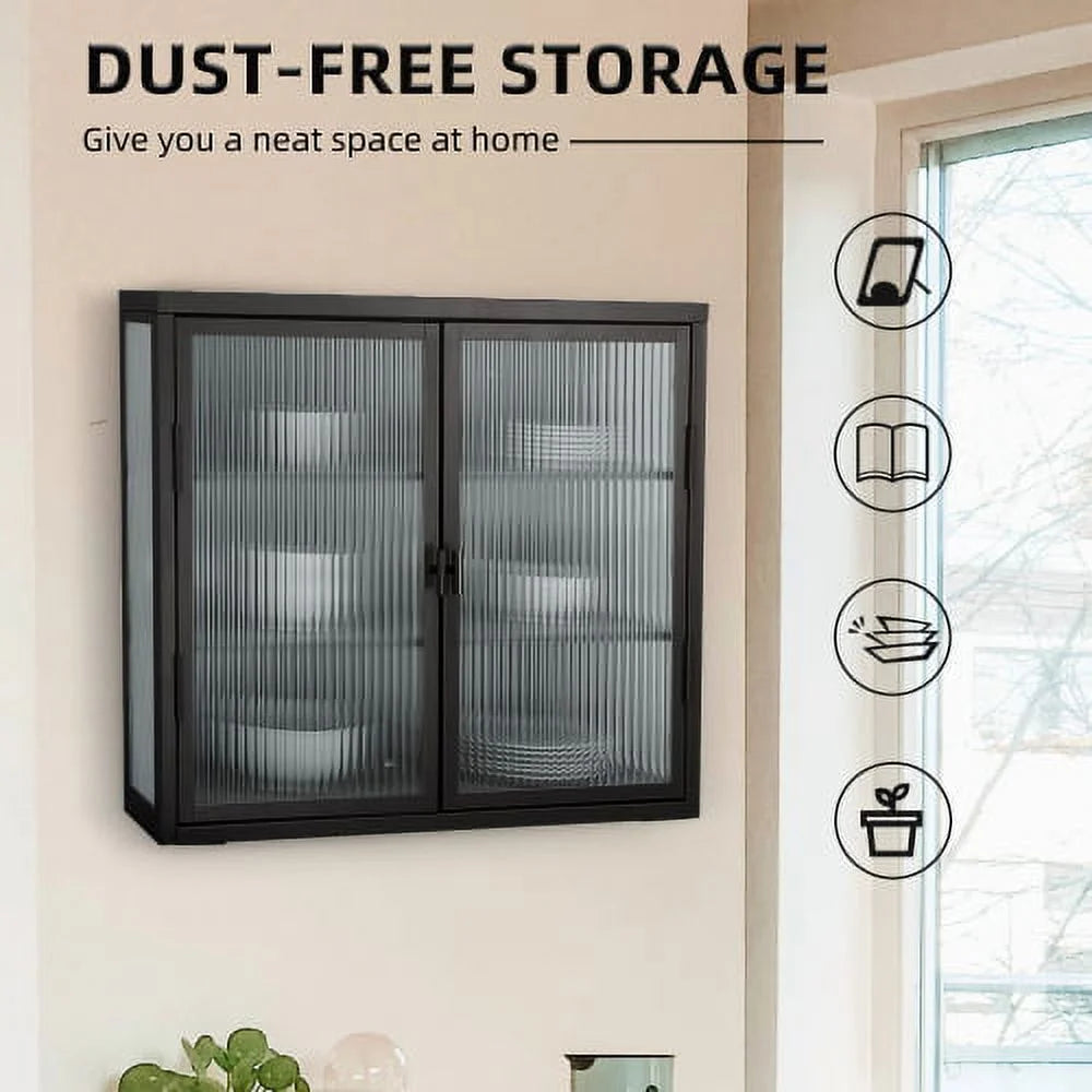 Double Glass Door Wall Cabinet with Detachable Shelves Black P839