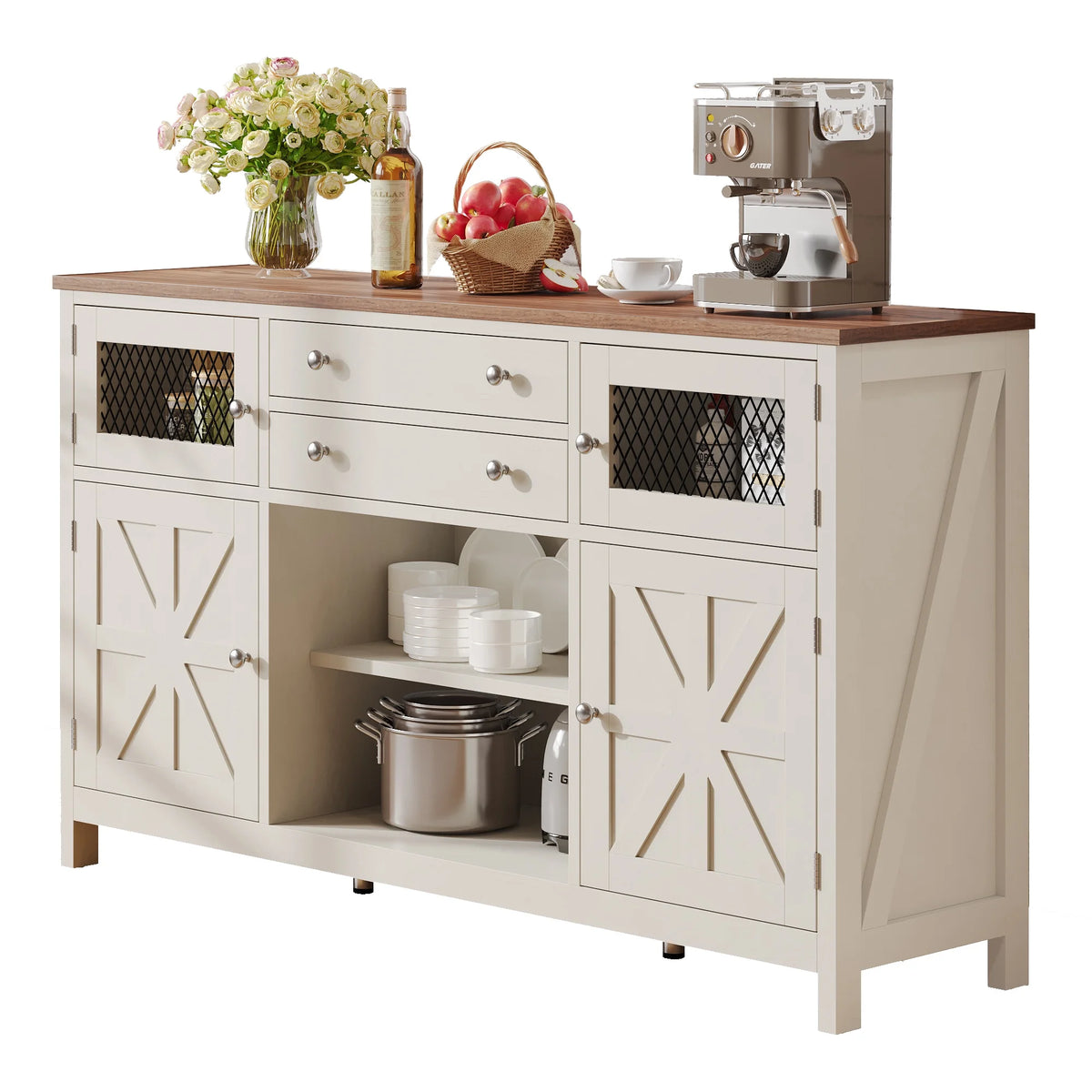 Antique White Farmhouse Coffee Bar Cabinet with 2 Drawers B748188