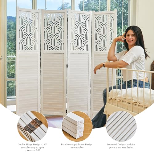 5.6 Ft Wood Carved Folding Room Divider 6 Panel Gray T25418