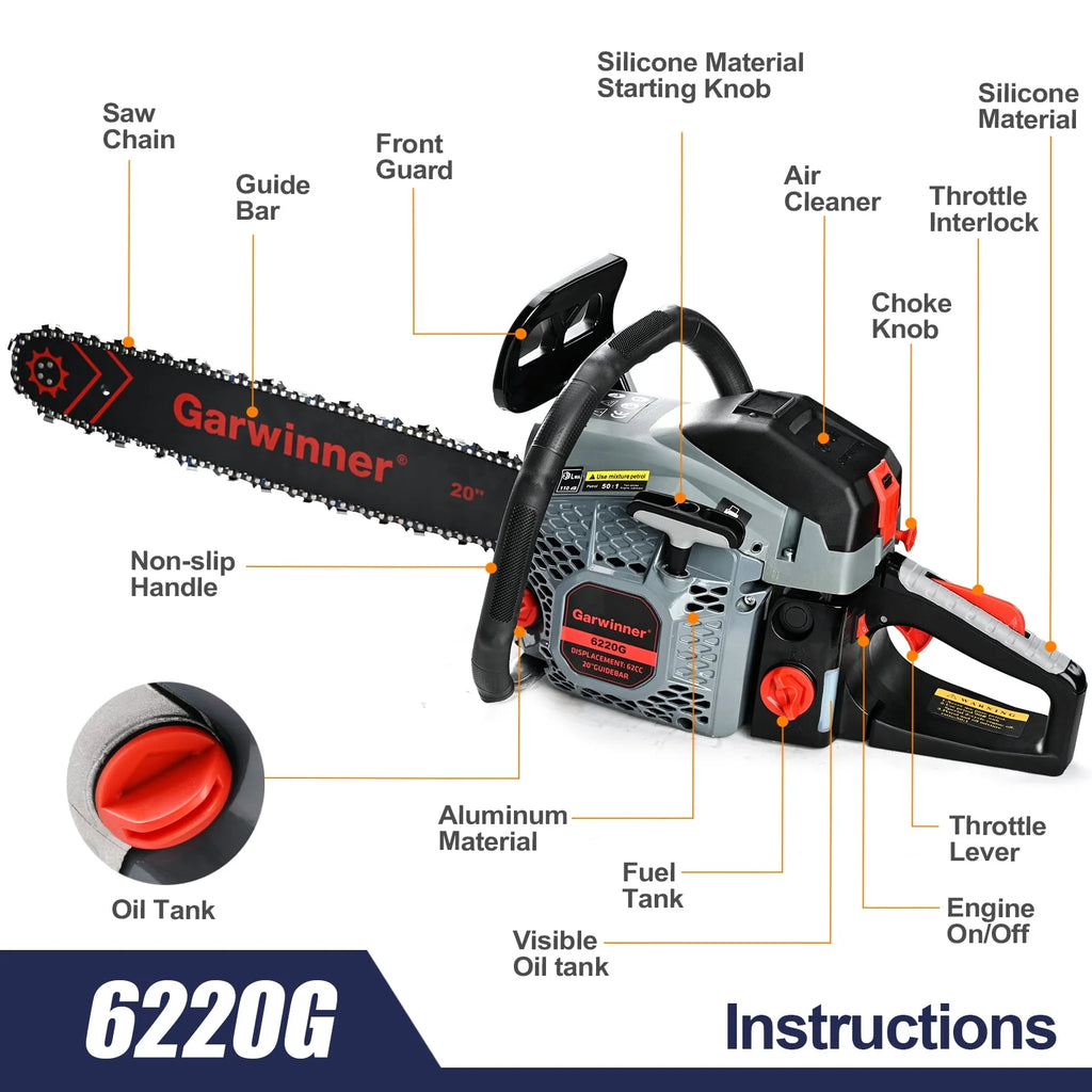 Gas Chainsaw 20'' 2-Stroke 62CC V2120