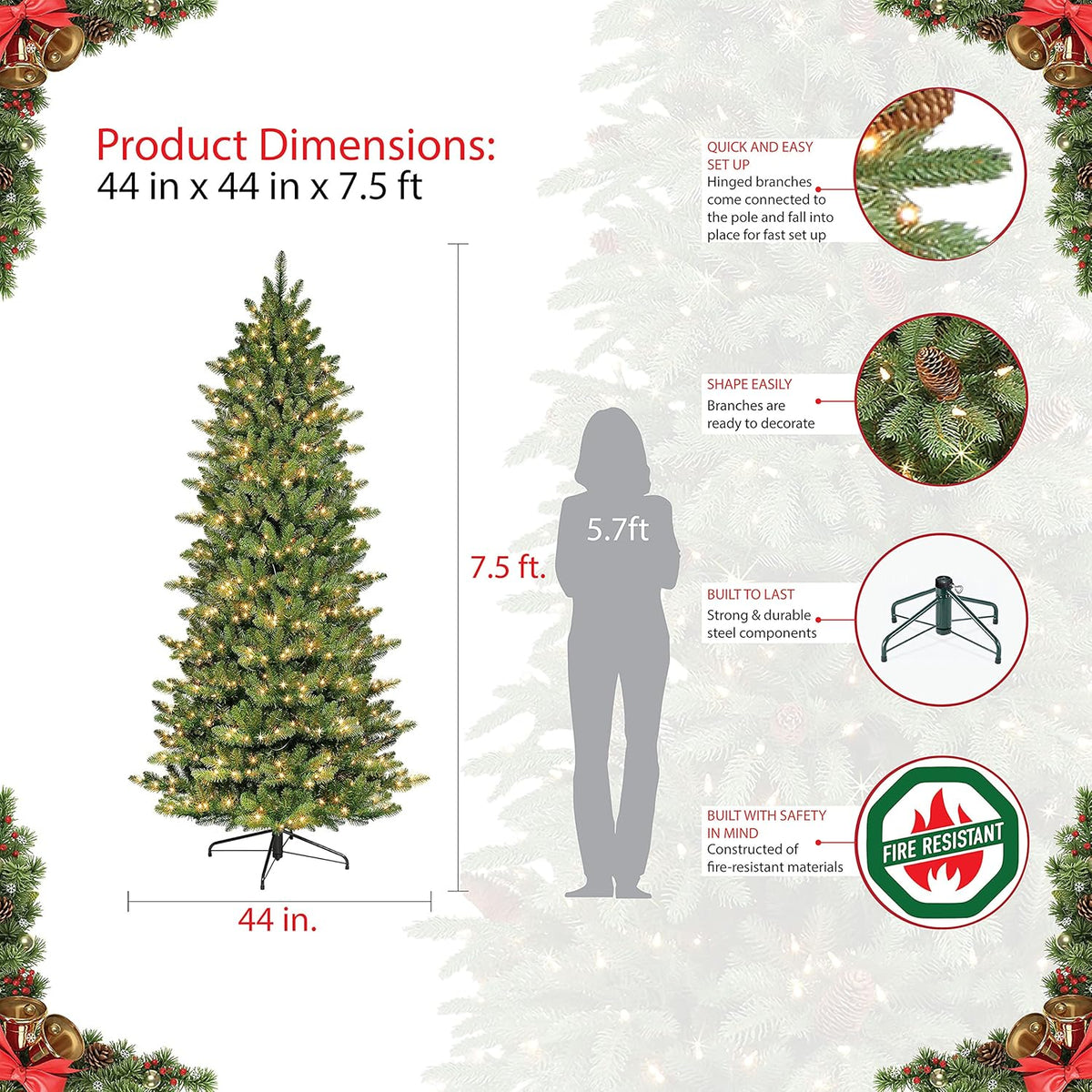 7.5 Foot Pre-Lit Slim Fraser Fir Artificial Christmas Tree with 500 Clear Lights, Green Z128