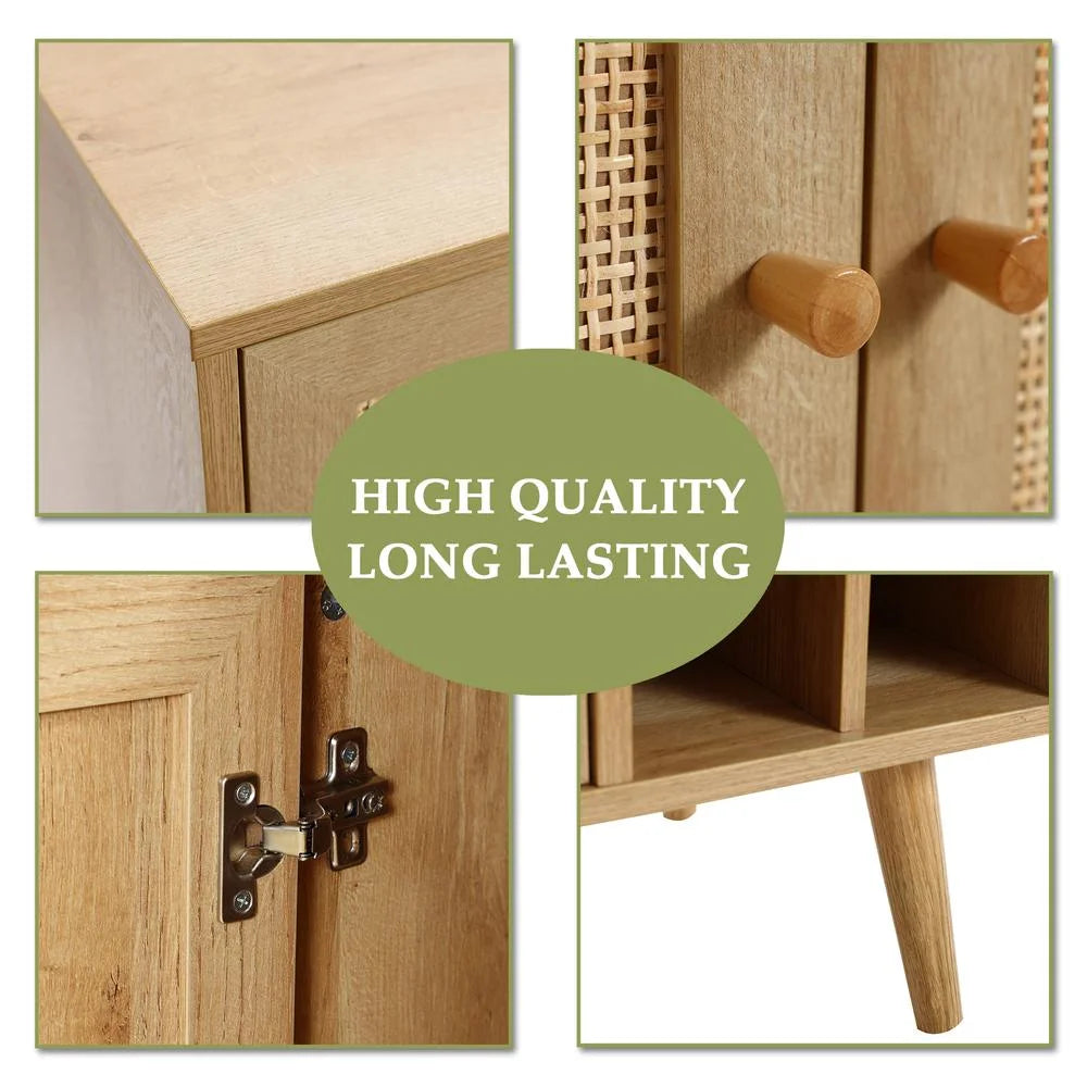 Light Oak Engineered Wood Rattan Wine and Storage Cabinet V83626