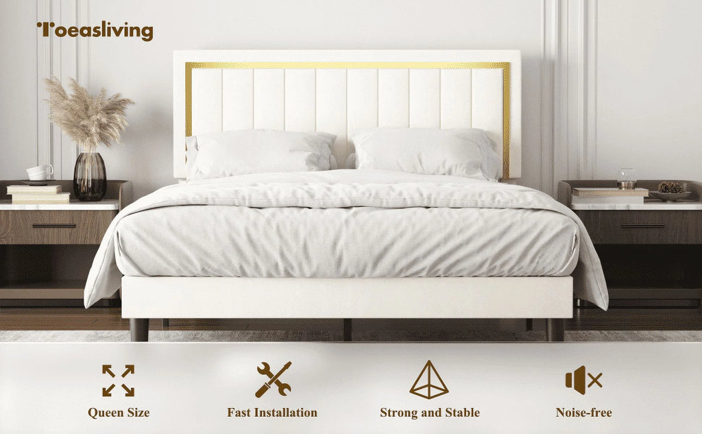 Upholstered Platform Bed Frame with Gold Trim Full Size Fabric Bed H589865