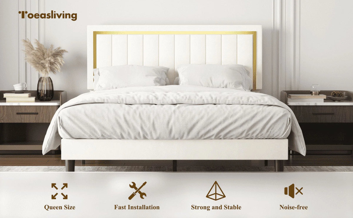 Upholstered Platform Bed Frame with Gold Trim Full Size Fabric Bed H589865