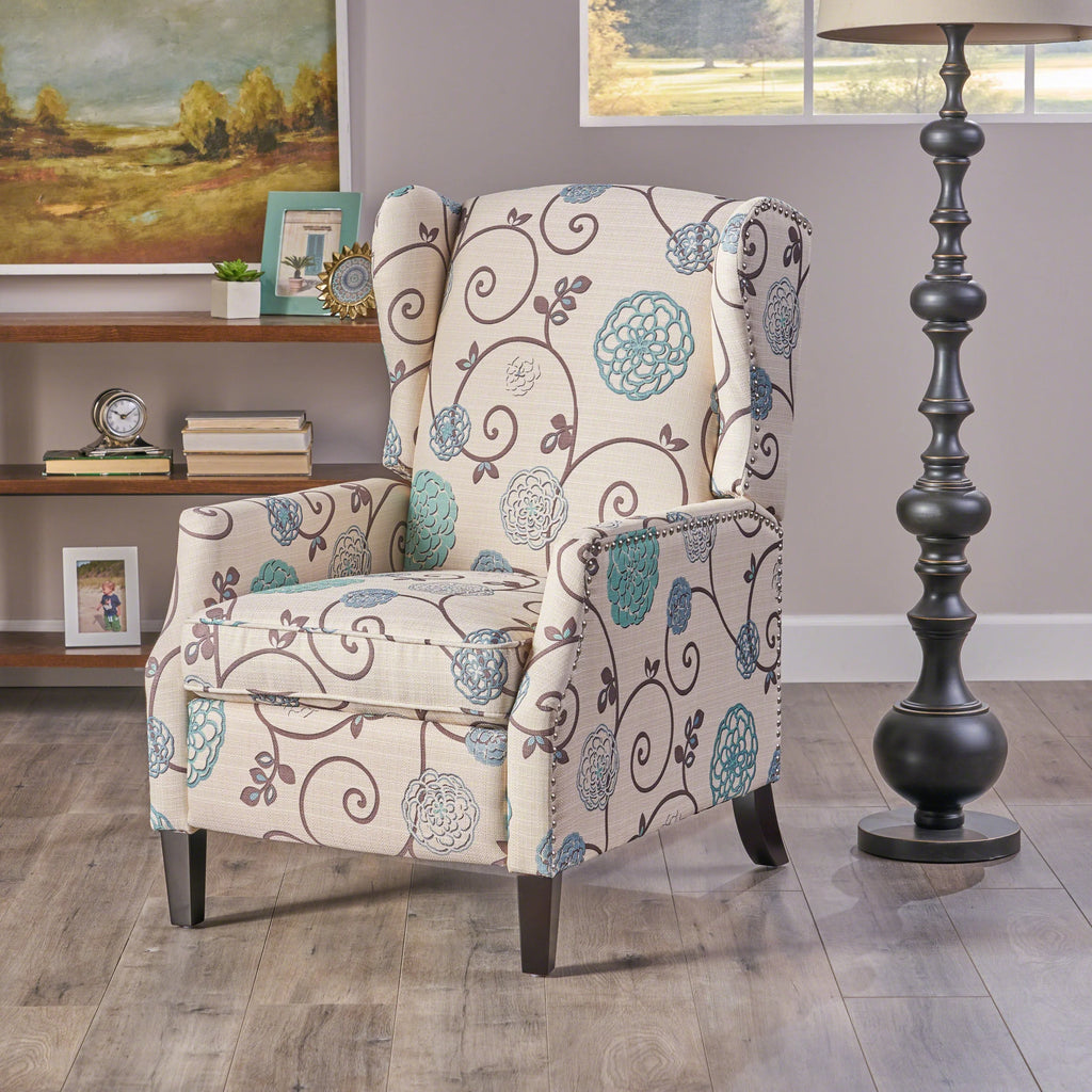 White and Blue Fabric Wing Back Recliner F37784