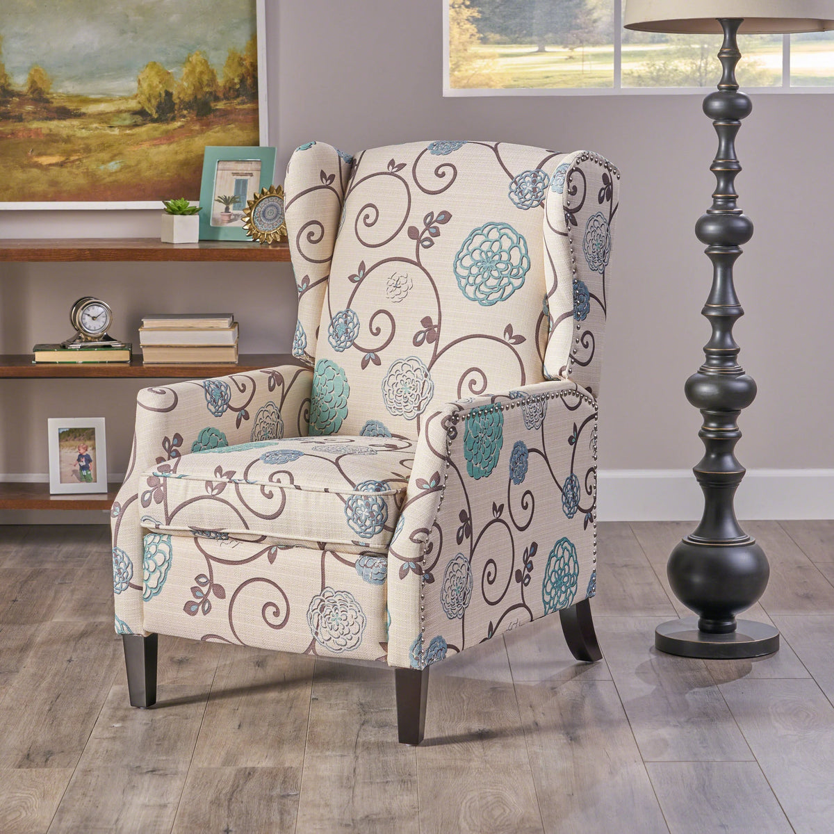 White and Blue Fabric Wing Back Recliner F37784