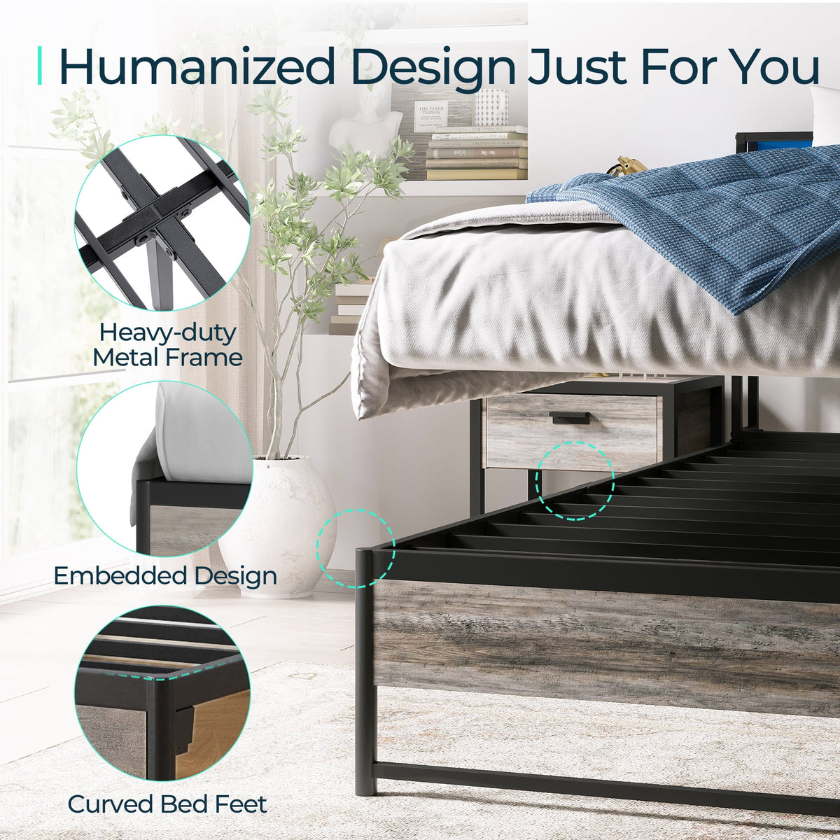 Full Size Platform Bed Frame with Headboard and Storage Shelves W473182