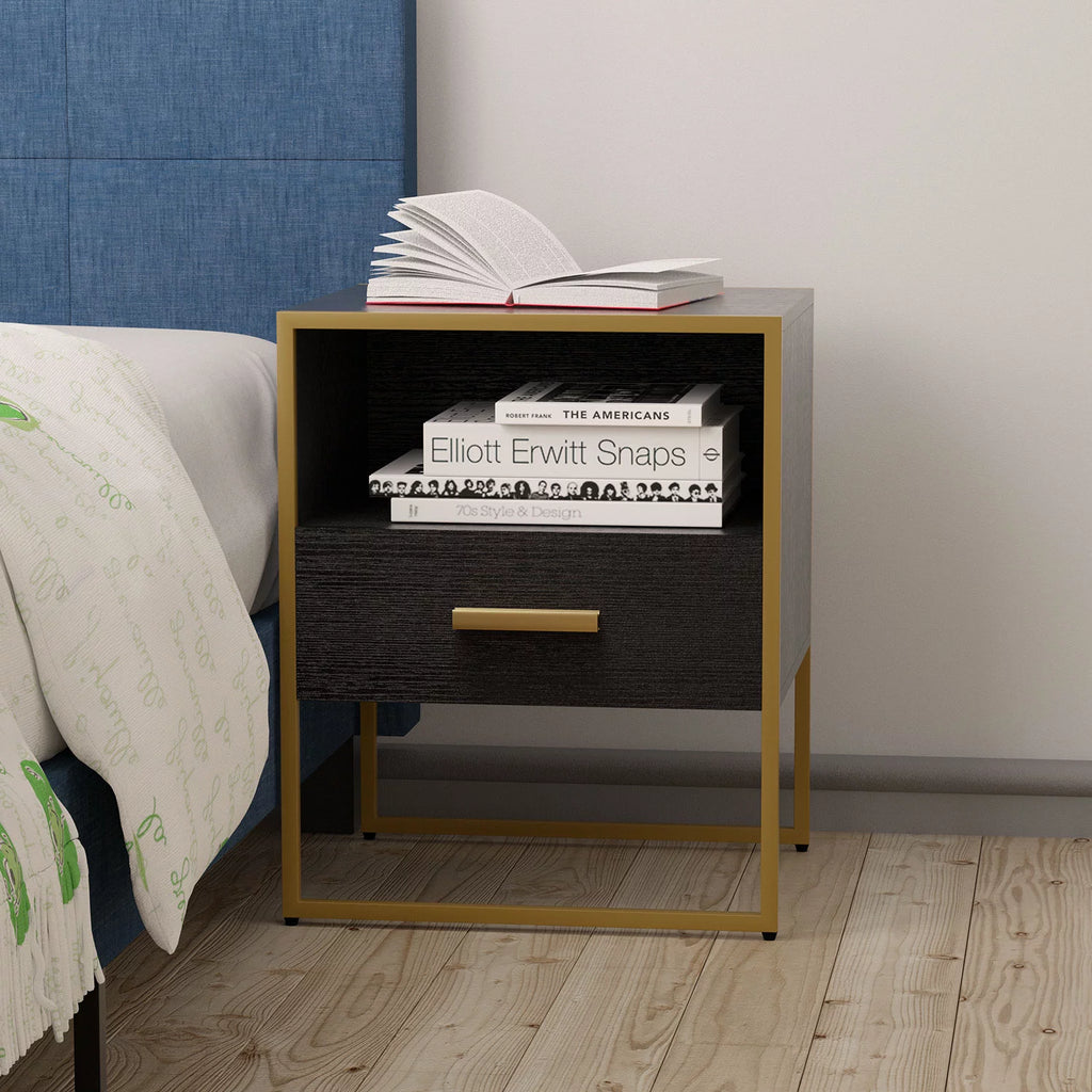 Black Nightstand Set of 2 with Drawer and Open Storage D254