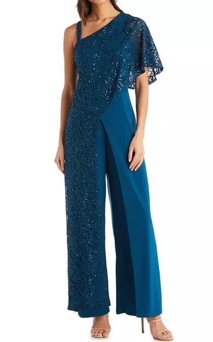 Embellished Sequin Lace Caplet Jumpsuit, Peacock, 6 F4550