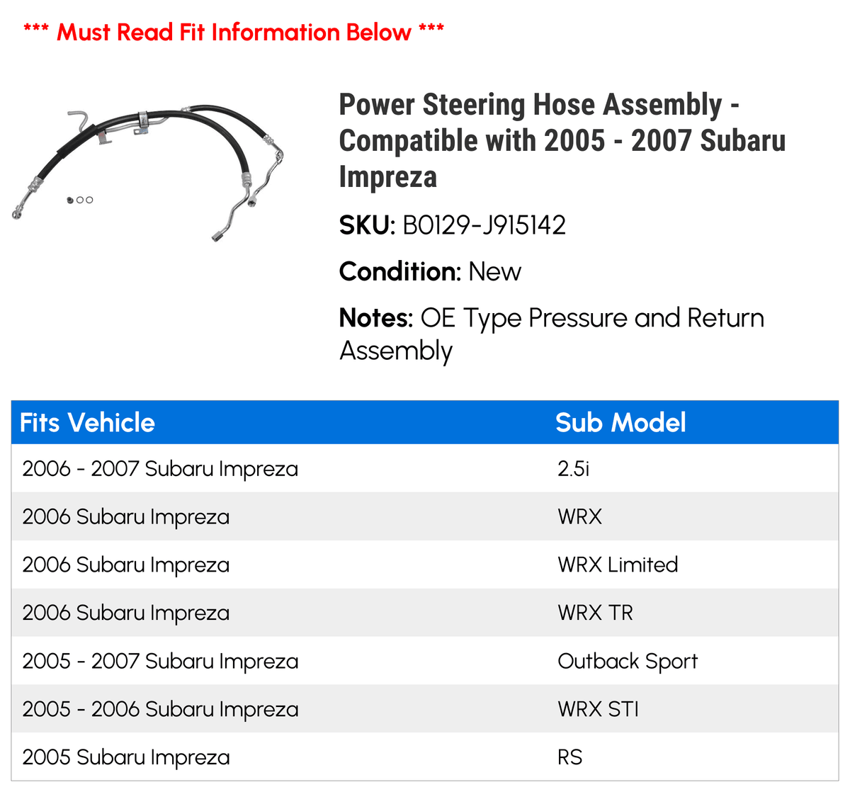Power Steering Hose Assembly for 2005-2007 Subaru Impreza K29935