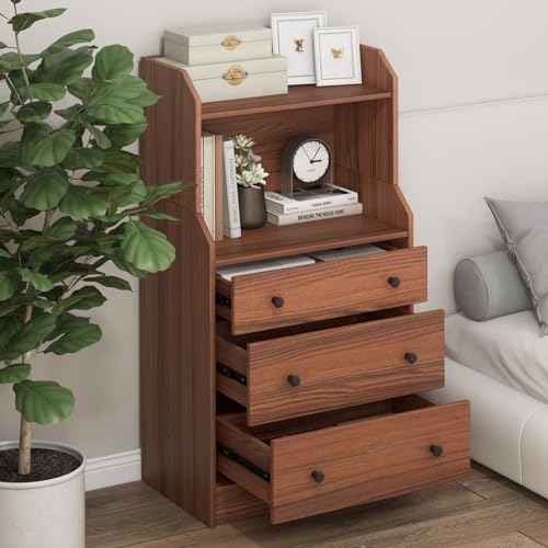 3 Drawers Dresser with Shelves, Tall Nightstand with 2 Open Shelves, Chest of Drawers (Walnut) M498111