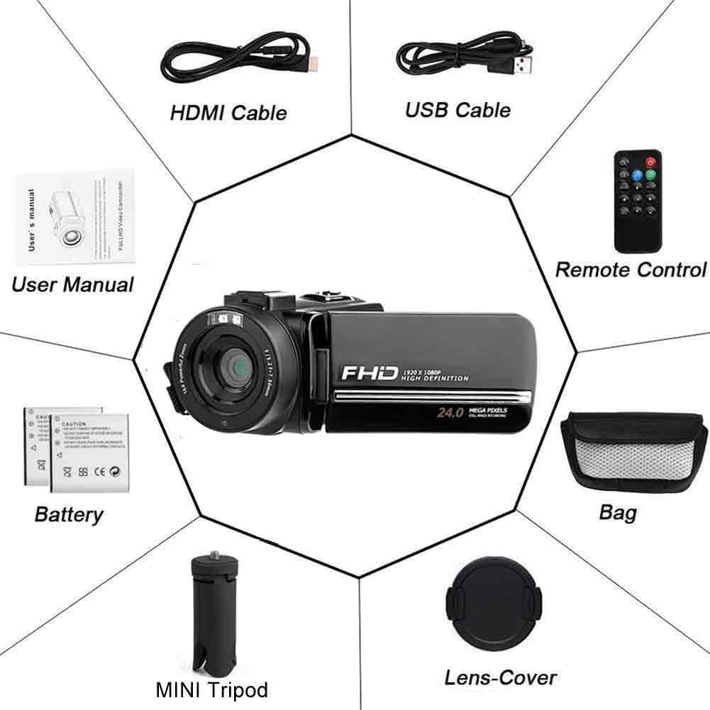 FHD 1080P 30FPS 24MP 16X Digital Zoom 3 Inch Touch Screen Video Camera with Remote Control and Tripod Z506
