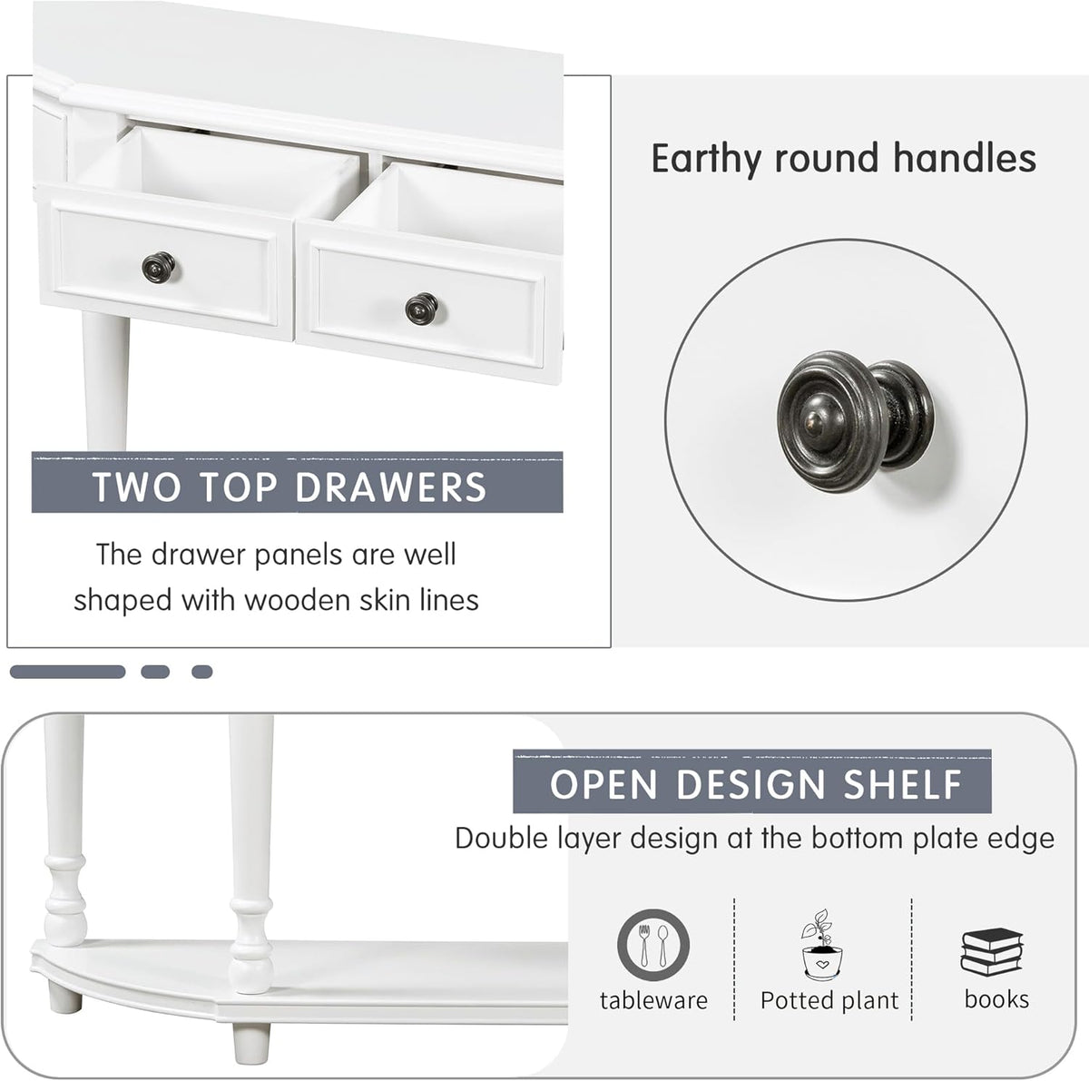 White Solid Wood Storage Cabinet with 2 Drawers and Open Shelf U94059
