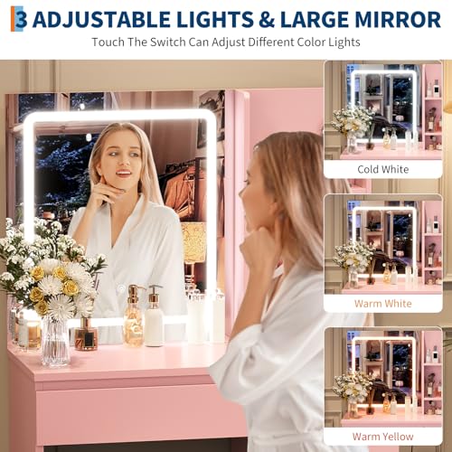 White Vanity Desk with Mirror, Lights, Outlets, 4 Drawers, Storage Stool, Hair Dryer Holder D8066