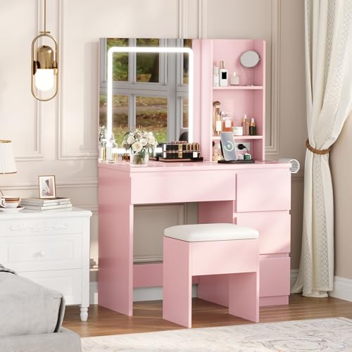 White Vanity Desk with Mirror, Lights, Outlets, 4 Drawers, Storage Stool, Hair Dryer Holder D8066