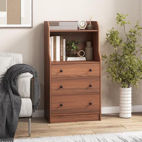 3 Drawers Dresser with Shelves, Tall Nightstand with 2 Open Shelves, Chest of Drawers (Walnut) M498111