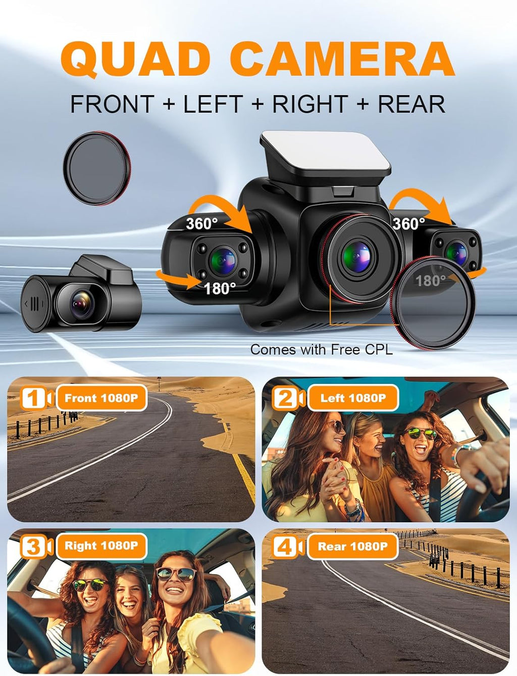 360 Degree View 4 Channel Dash Cam with CPL, Built-in GPS WiFi Night Vision, 128G Card B172
