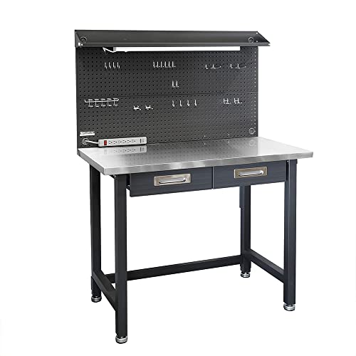 Heavy Duty Commercial Lighted Workcenter with Pegboard, 500 lbs. Weight Capacity, Stainless Steel Top, 48" W x 24" D x 65.5" H Q3041