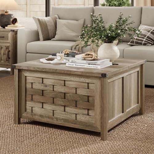 Light Brown 31.5" Square Coffee Table with Hinged Lift Top M8861