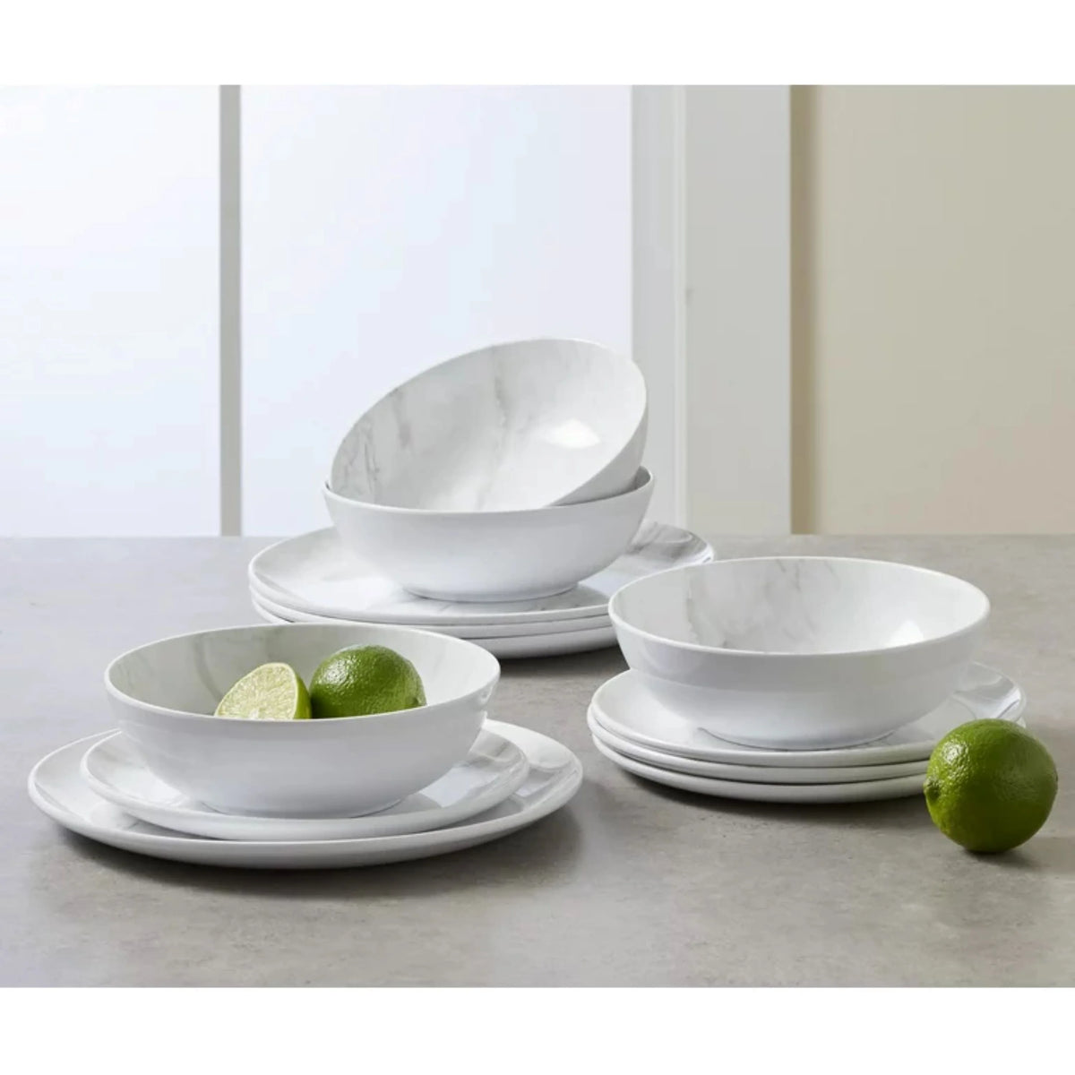 12-Piece Melamine Grey and White Marble Dinnerware Set S809389