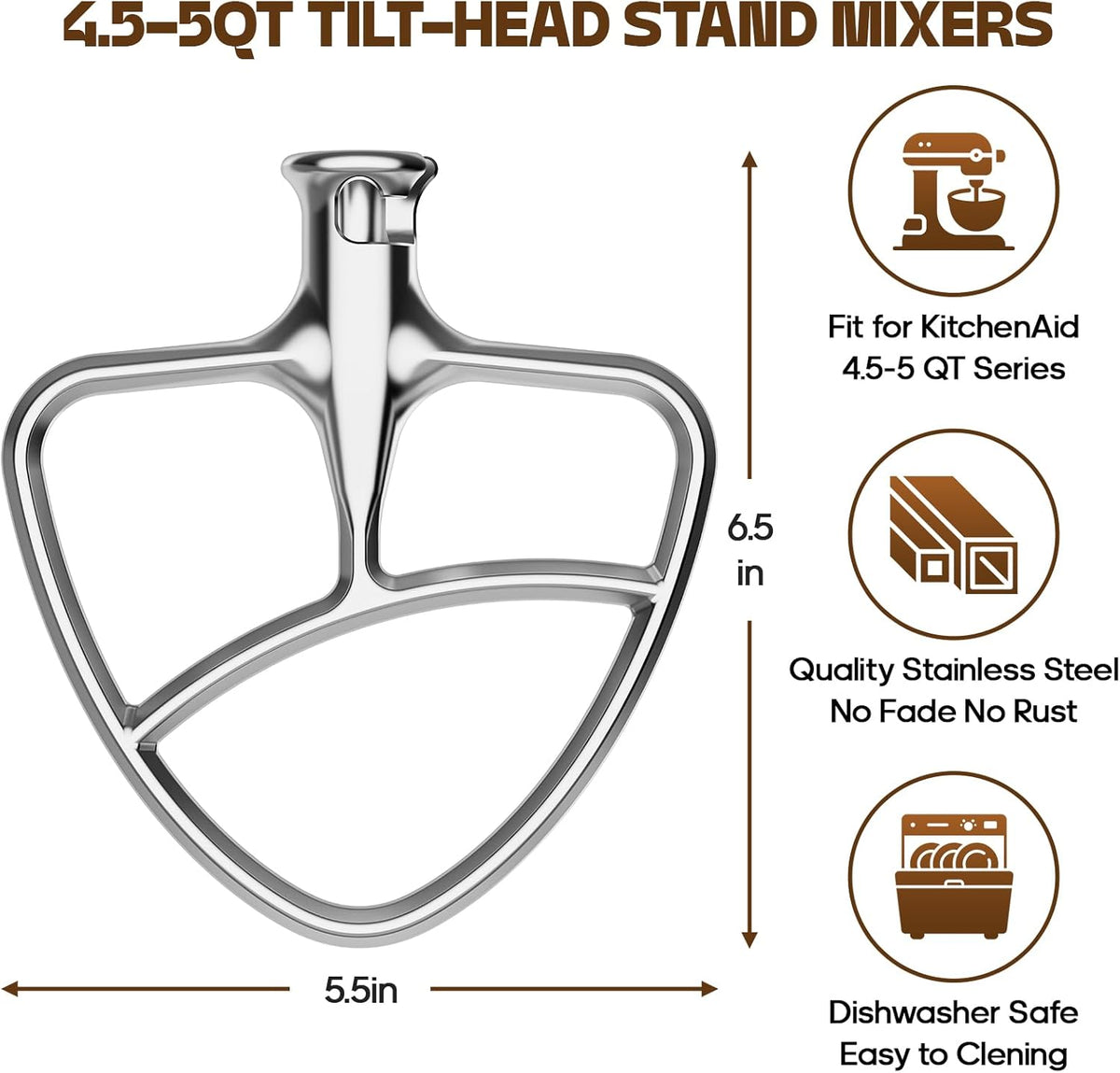 Stainless Steel Beaters for Kitchenaid Stand Mixer, 4.5-5Qt Tilt-Head Paddle Attachment S95925