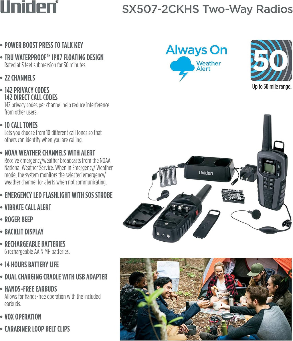 50 Mile Range Waterproof Two-Way Radio Walkie Talkies with Dual Charging Cradle, 22 Channels, 142 Privacy Codes, NOAA Weather Scan + Alert, Includes 2 Headsets Q8494