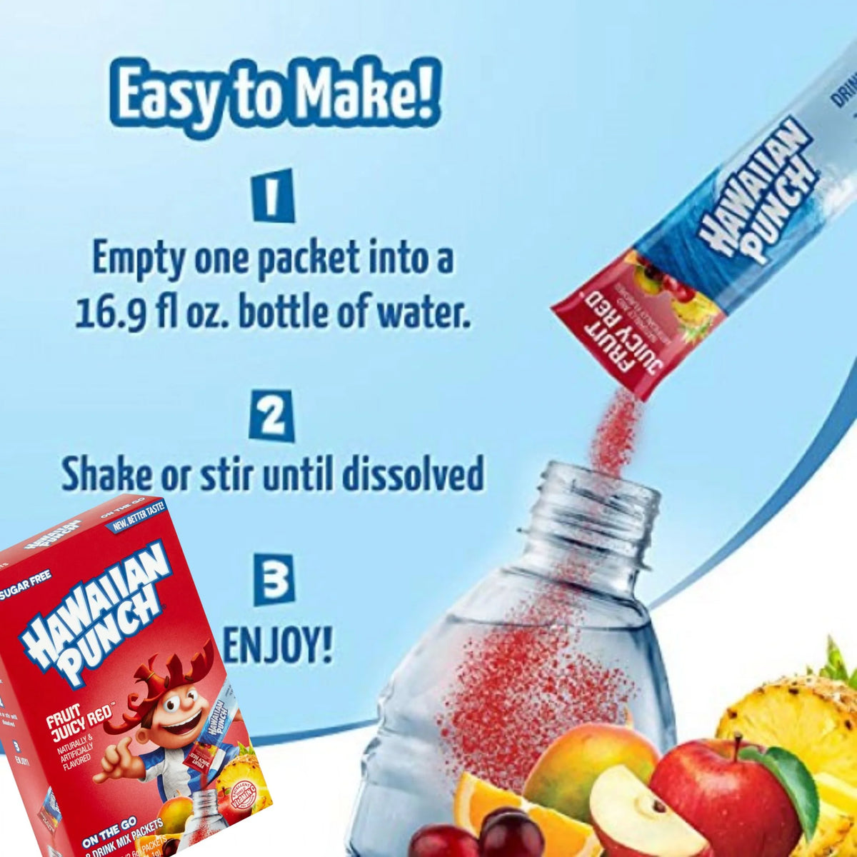 Hawaiian Punch On The Go Powder Packets Fruit Juicy Red Flavors Water Enhancer Sugar-Free Low-Calorie Beverages 8 Sticks (48 Total Servings) X217