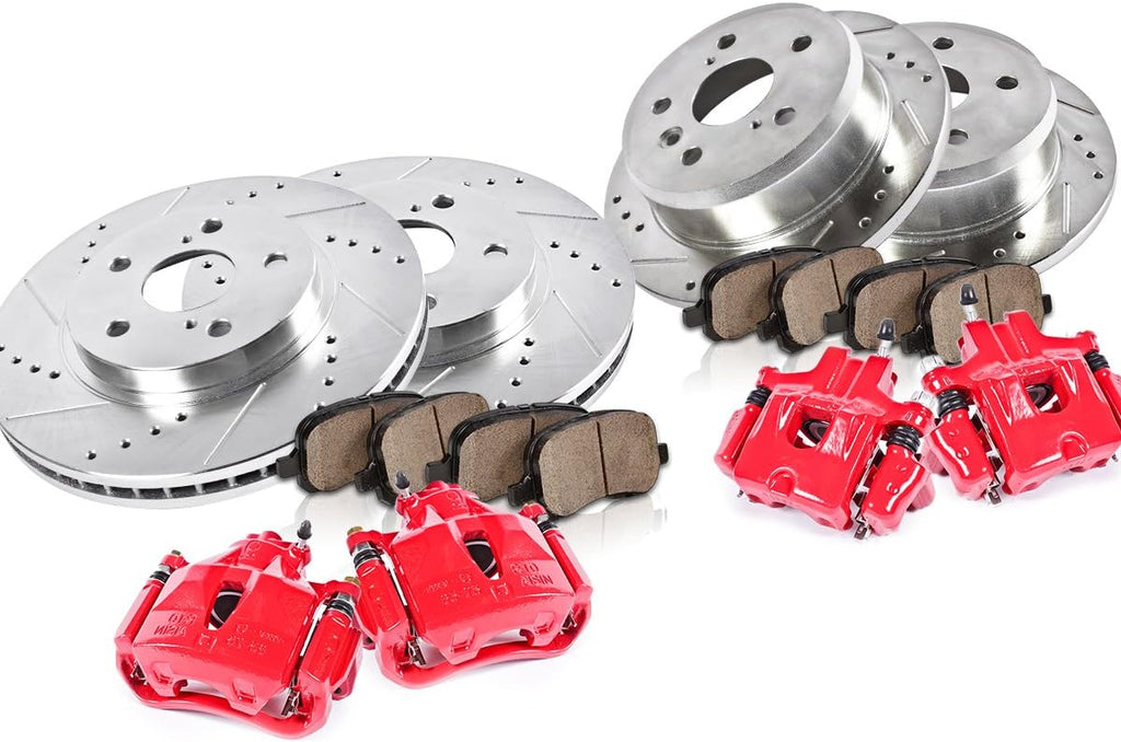 Powder Coated Red Calipers Rotors Ceramic Pads Kit U5606