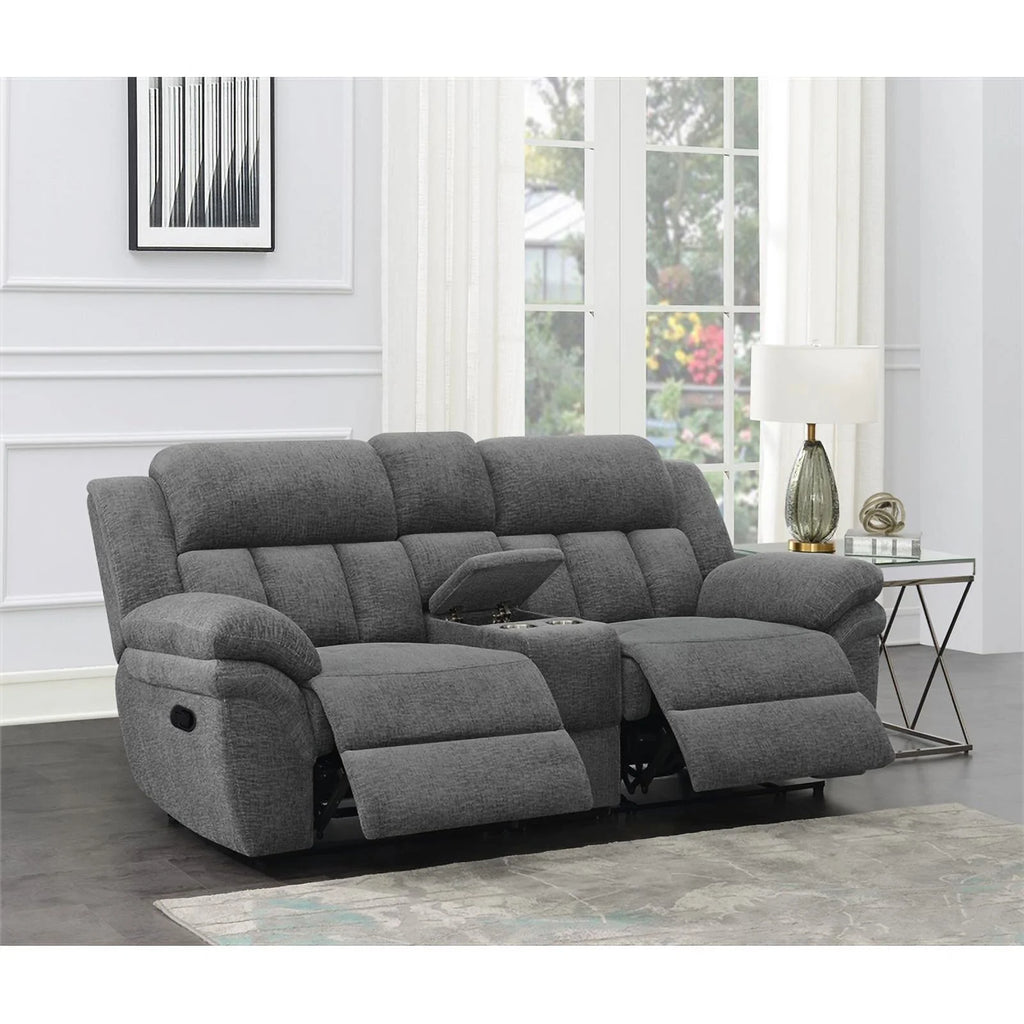 Charcoal Upholstered Motion Loveseat Console O715843