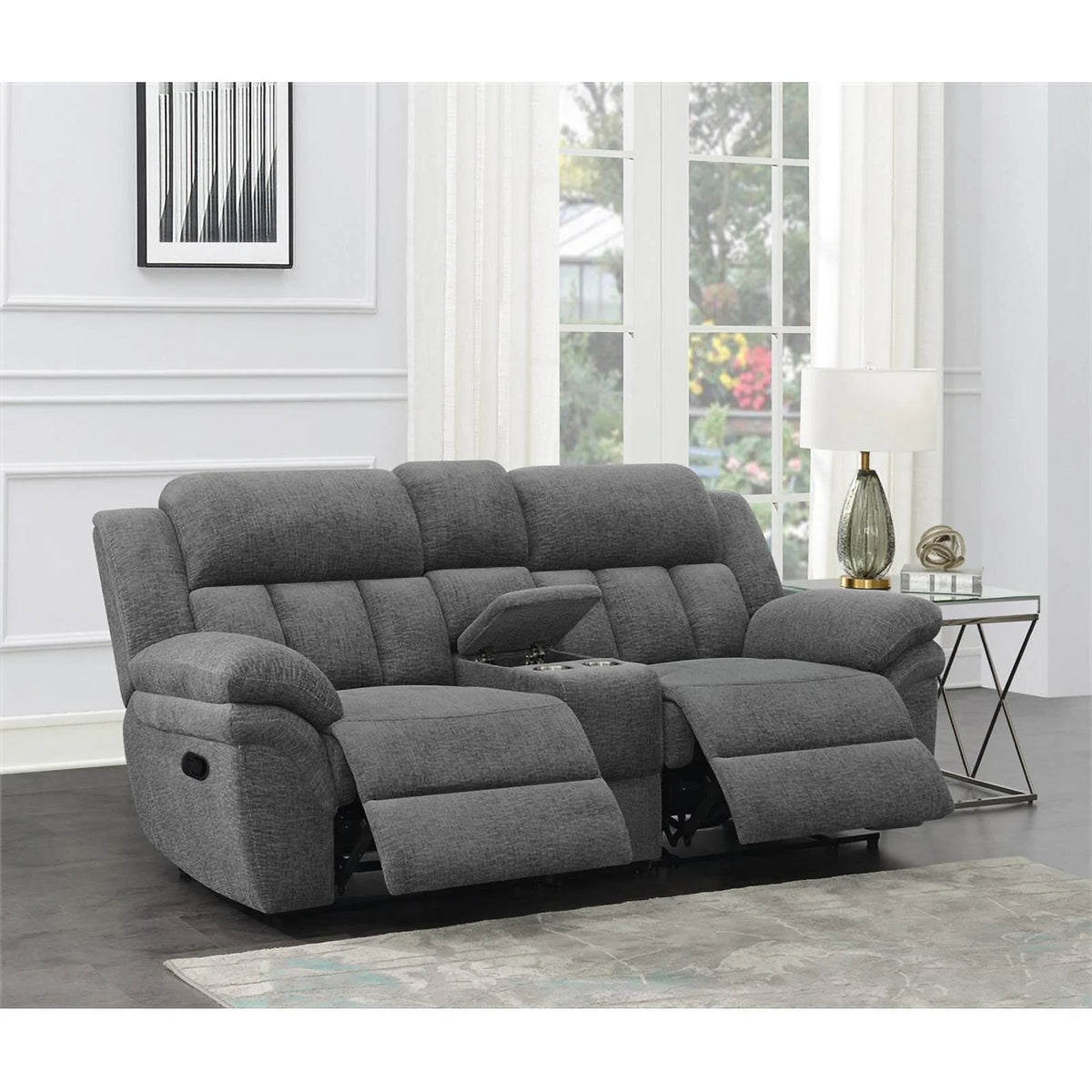 Charcoal Upholstered Motion Loveseat Console O715843