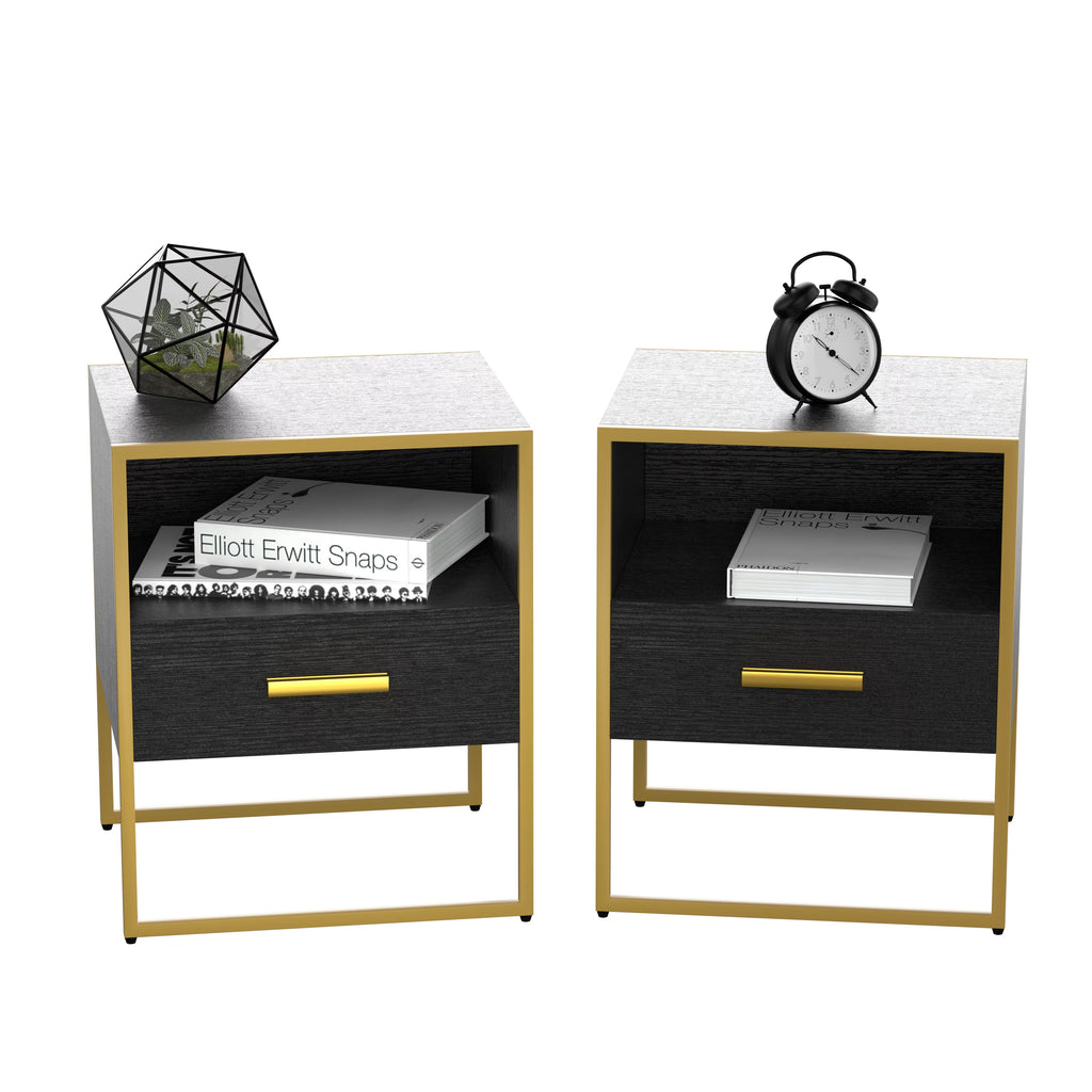 Black Nightstand Set of 2 with Drawer and Open Storage D254
