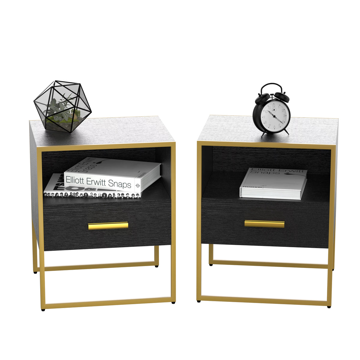 Black Nightstand Set of 2 with Drawer and Open Storage D254