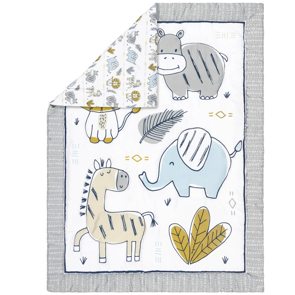4 Piece Crib Bedding Set, White, Tan, Orange, Blue, Navy and Gray, 100% Microfiber, Polyester Fill, Quilt, Fitted Crib Sheet, Skirt and Plush Toy W120
