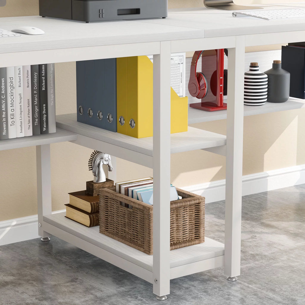 White Two Person Desk with Bookshelf R44960